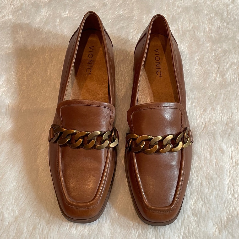 Vionic Mizelle Leather Loafers Toffee Brown Chain Link Square Toe 10 Academia